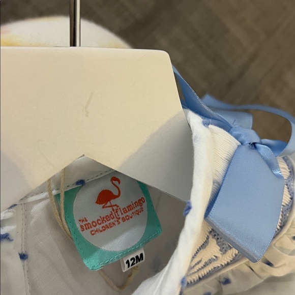 NWT The Smocked Flamingo Hand Smocked Blue Swiss Dot Big Sister Bubble size 12M - Picture 5 of 5